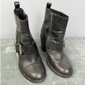 AllSaints‎ Leather Moto Boots Buckle Accents Zip Up Black Heel Size 39